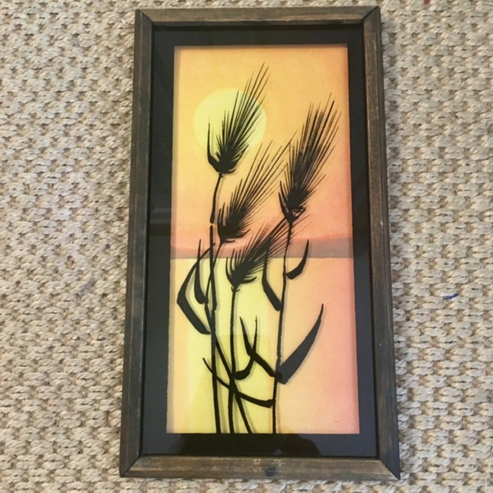 Sunset Wheat Silhouette on Glass Framed 1970s Vtg